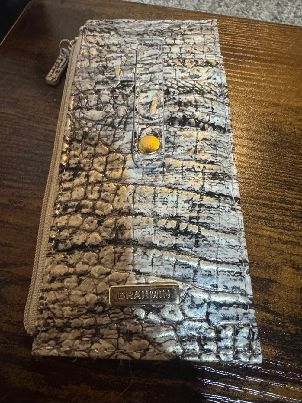 Brahmin Croc-Embossed Zip Wallet in Black and Cream